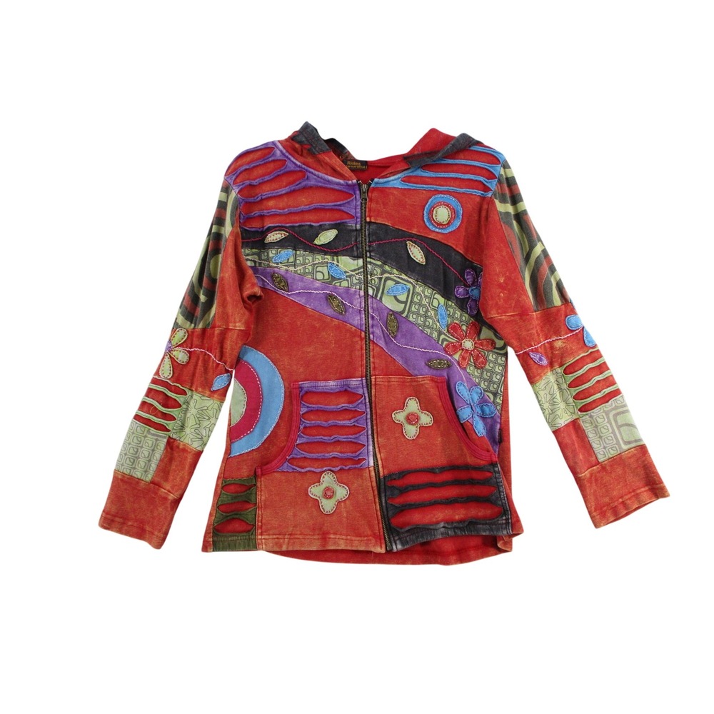 Rising International Womens Patchwork Razor Cut Floral Zip Up Hoodie Red L Boho